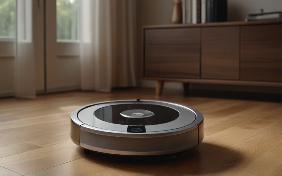 aspiradora de suelo circular inteligente sobre tarima