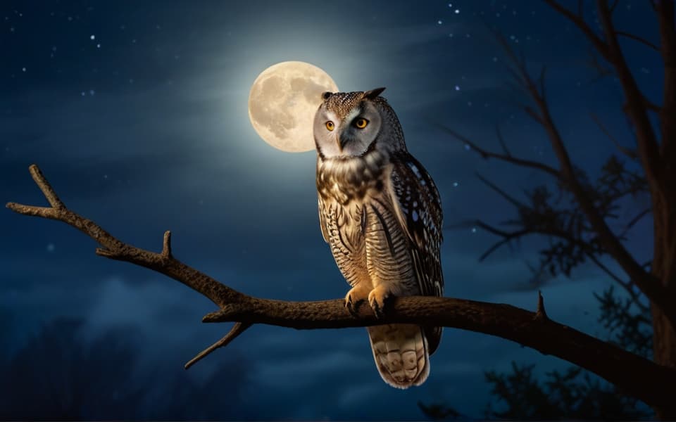 buho sobre una rama con luna llena detrás