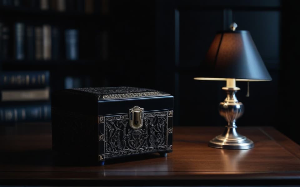 cofre y lampara negros encima de una mesa de madera