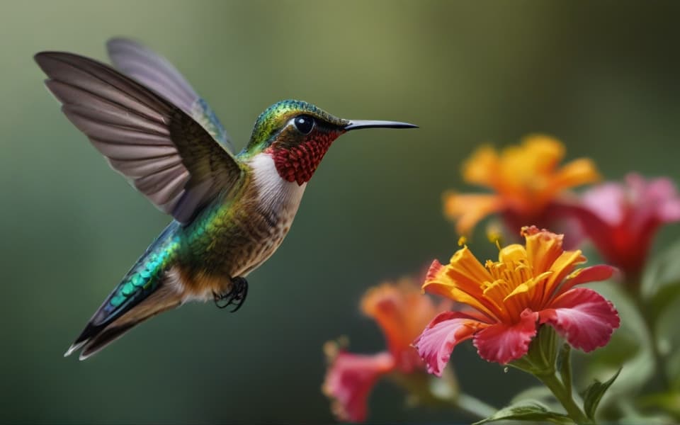 colibri de colores volando sobre una flor