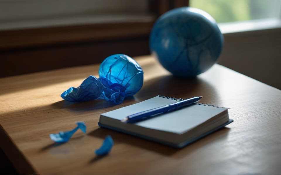 cuaderno y boli azul encima de una mesa
