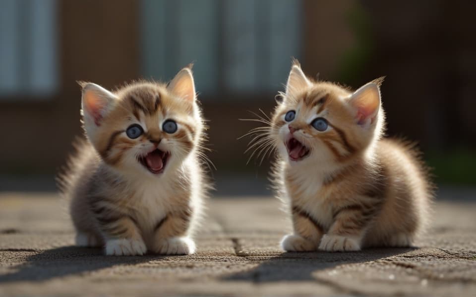 dos adorables gatitos gemelos maullando a la vez