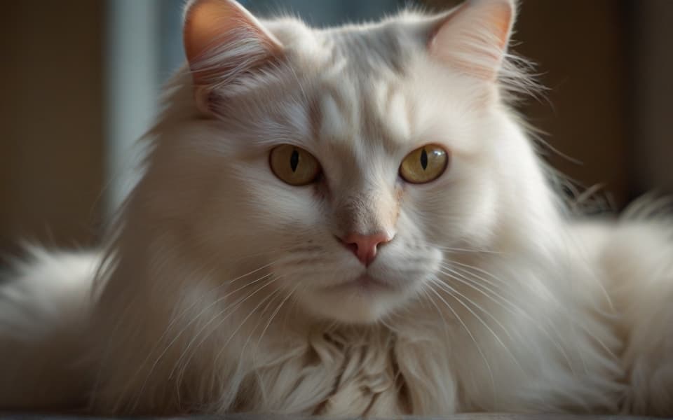 gata blanca de pelo largo y ojos amarillos