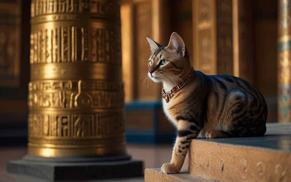 gata con collar sentada en un templo de diosas egipcias