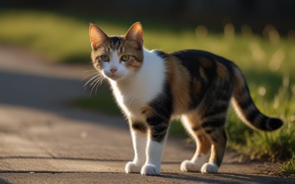 gata tricolor caminando en un parque