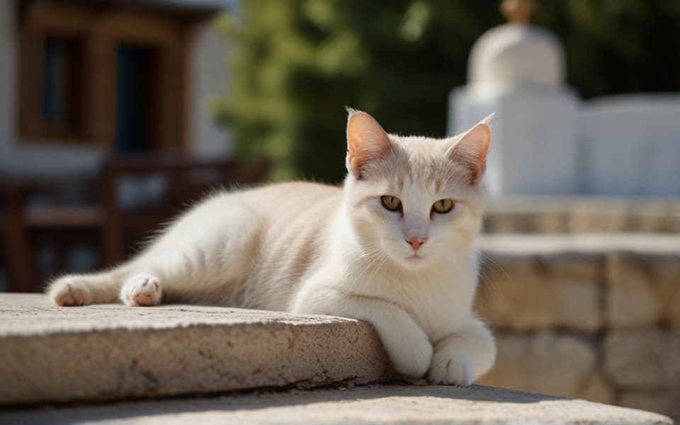 gato blanco tumbado en una calle de grecia
