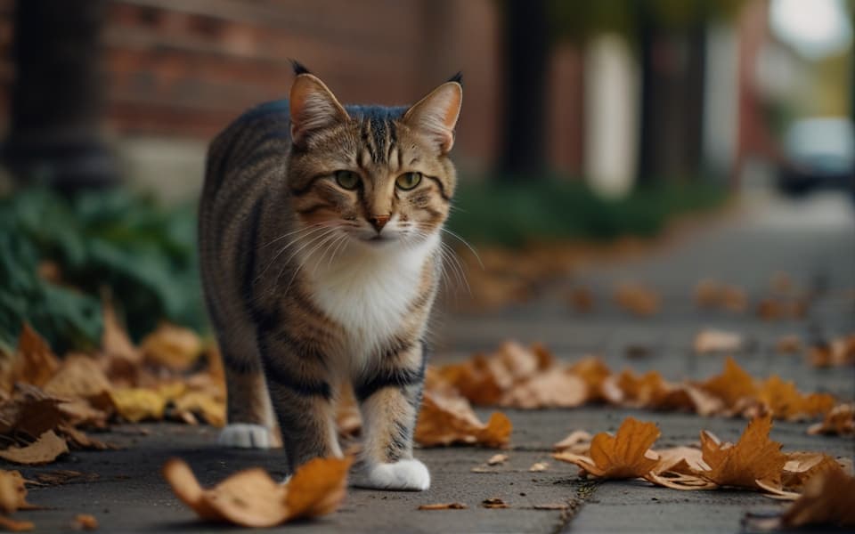 gato callejero caminando en una calle con hojas secas
