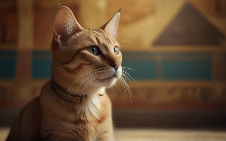 gato con collar dorado en templo egipcio
