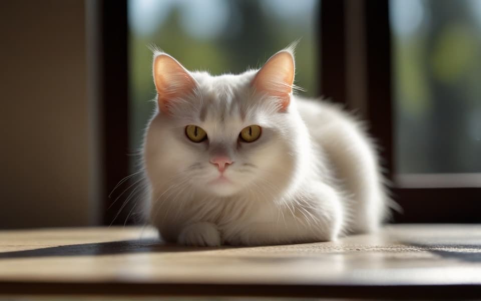 gato macho blanco tumbado en el interior de una casa