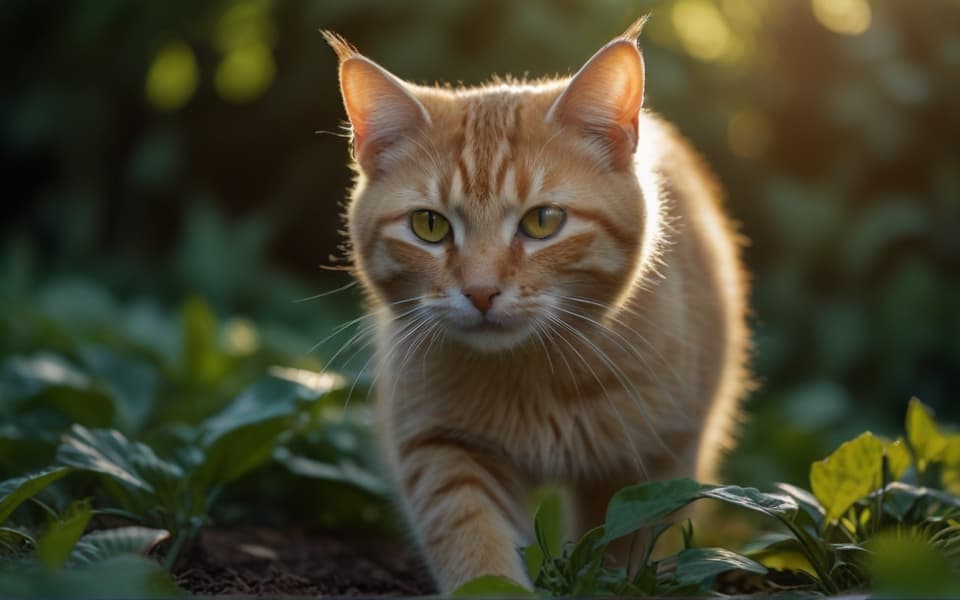 gato naranja caminando por el bosque