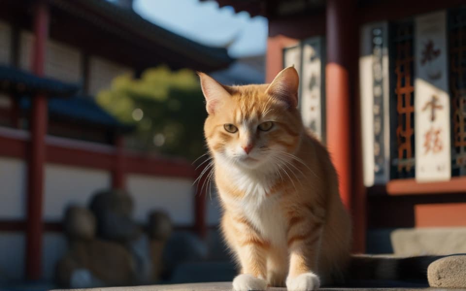 gato naranja en un templo japones
