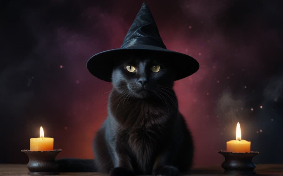 gato negro sentado con un sombrero de bruja y dos velas a cada lado