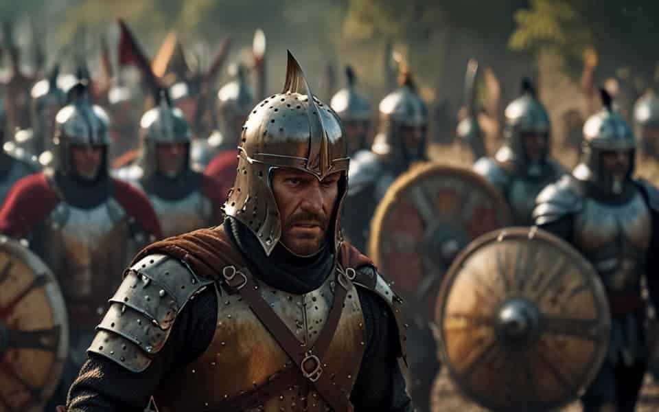 guerreros con armadura y escudos