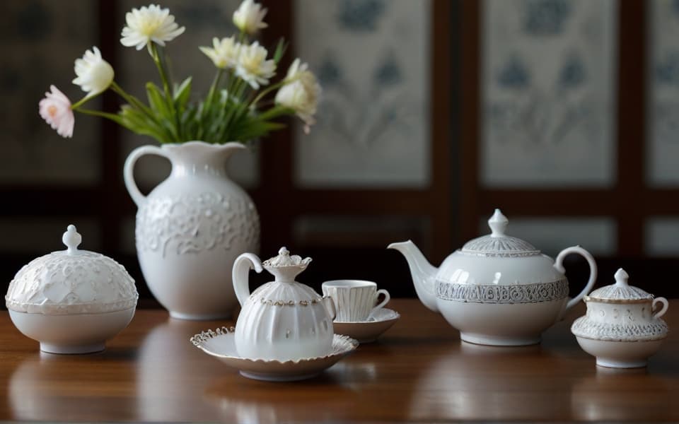 juego de te blanca jarron y rosas blancas