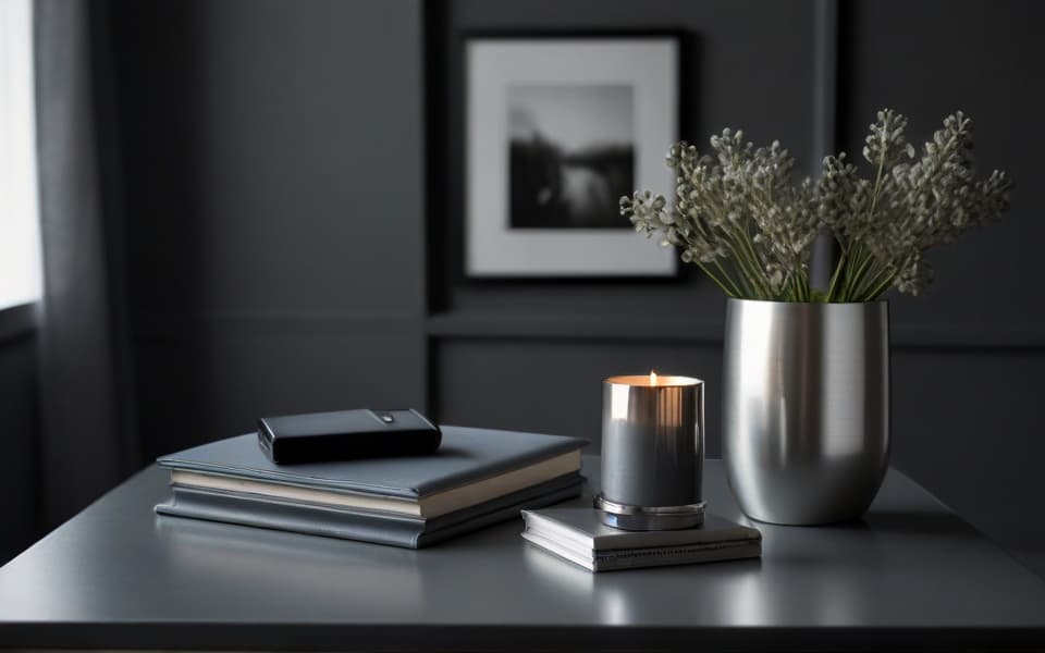 libro vela y jarron gris sobre mesa gris en habitacion gris