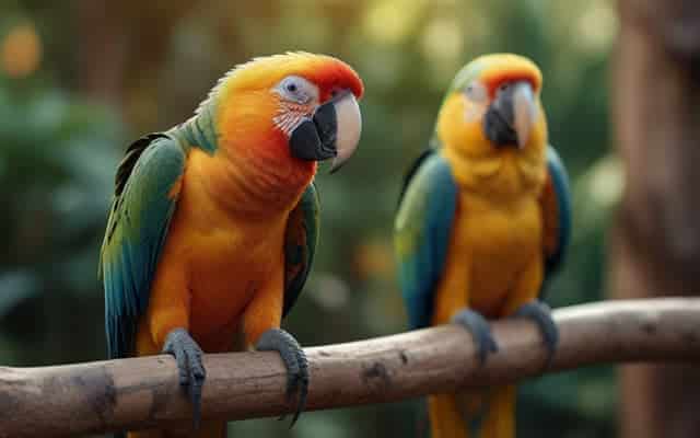loros multicolor sobre un palo de madera