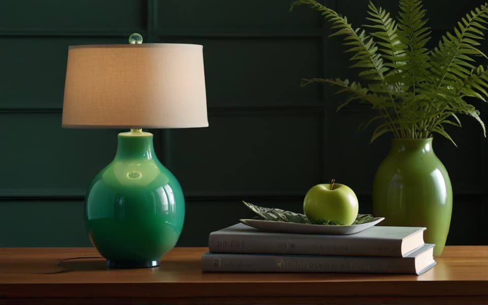 manzana jarron y lampara verdes