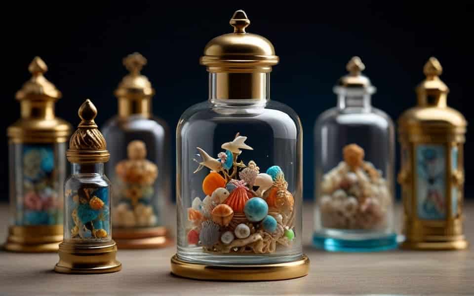 objetos pequeños en tarros de cristal y dorado