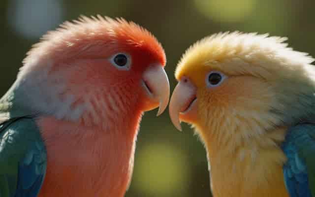 pareja de agapornis de colores mirandose