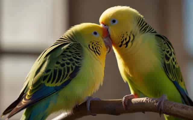 pareja de periquitos verdes sobre una rama