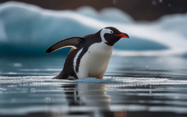 pinguino metiendose al agua con hielo