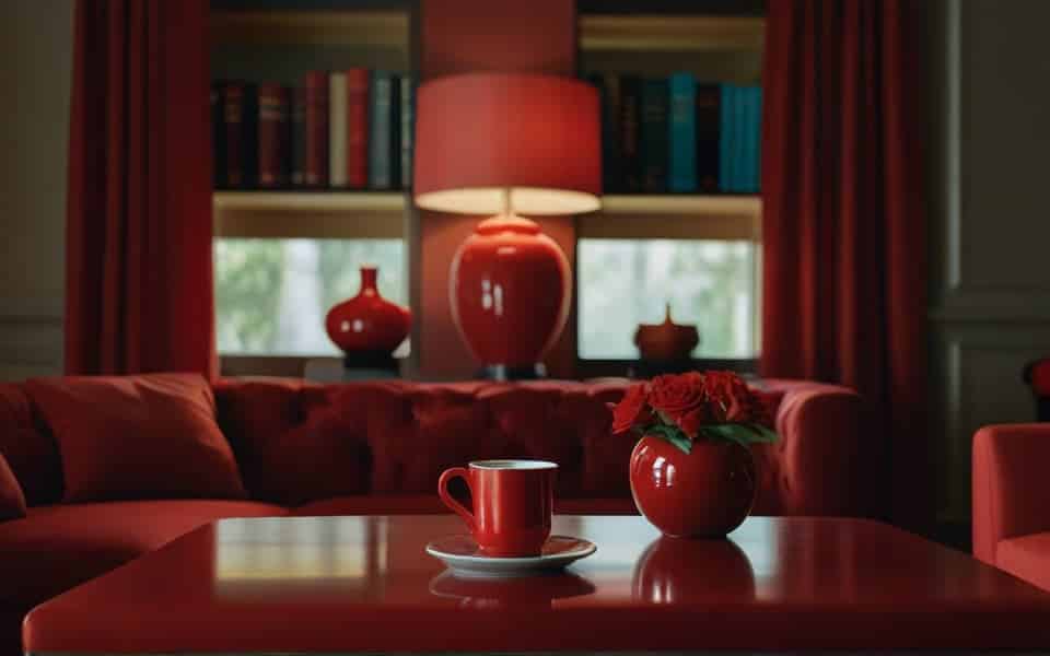 taza y jarrones rojos sobre mesa roja sofa y cortinas rojas