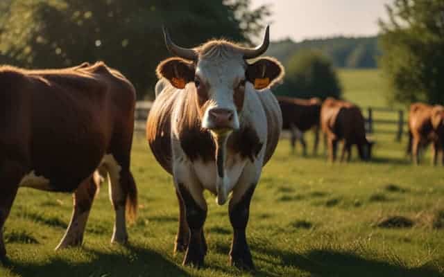 vaca en un prado mirando a la camara